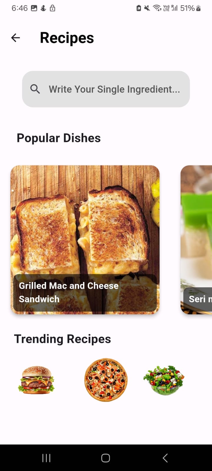 Foodilit home screen with popular dishes and trending recipes