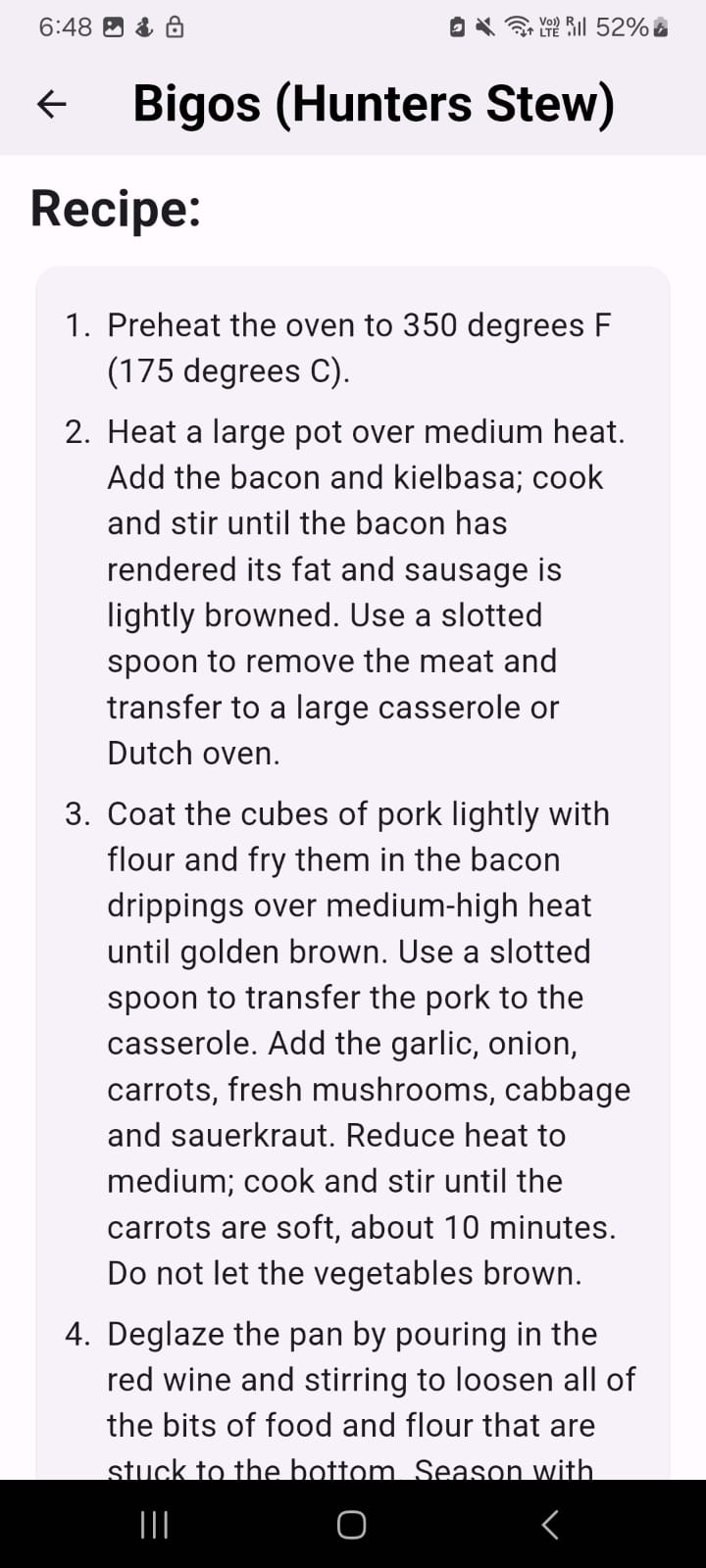 Foodilit recipe details and preparation screen
