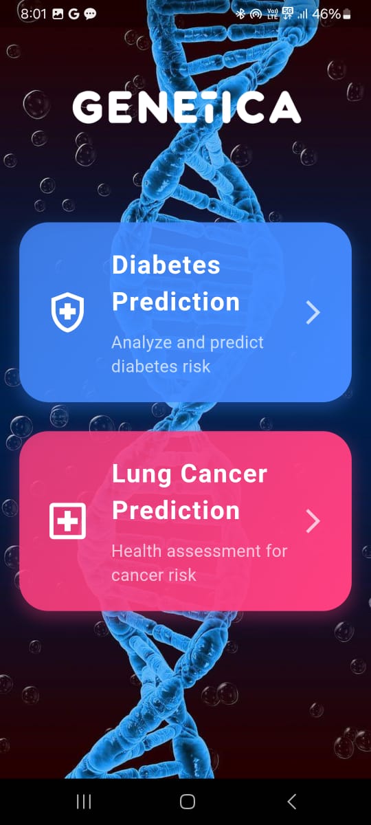 Genetica home screen with diabetes and lung cancer prediction options