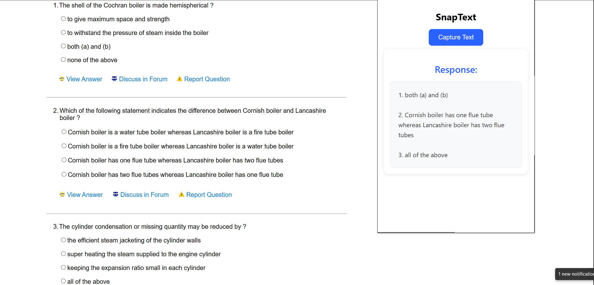 SnapText extension extracting answers from a question page