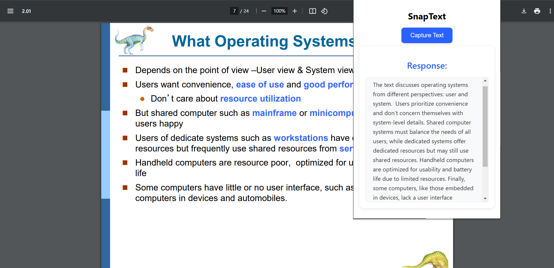 SnapText extension summarizing an operating systems document